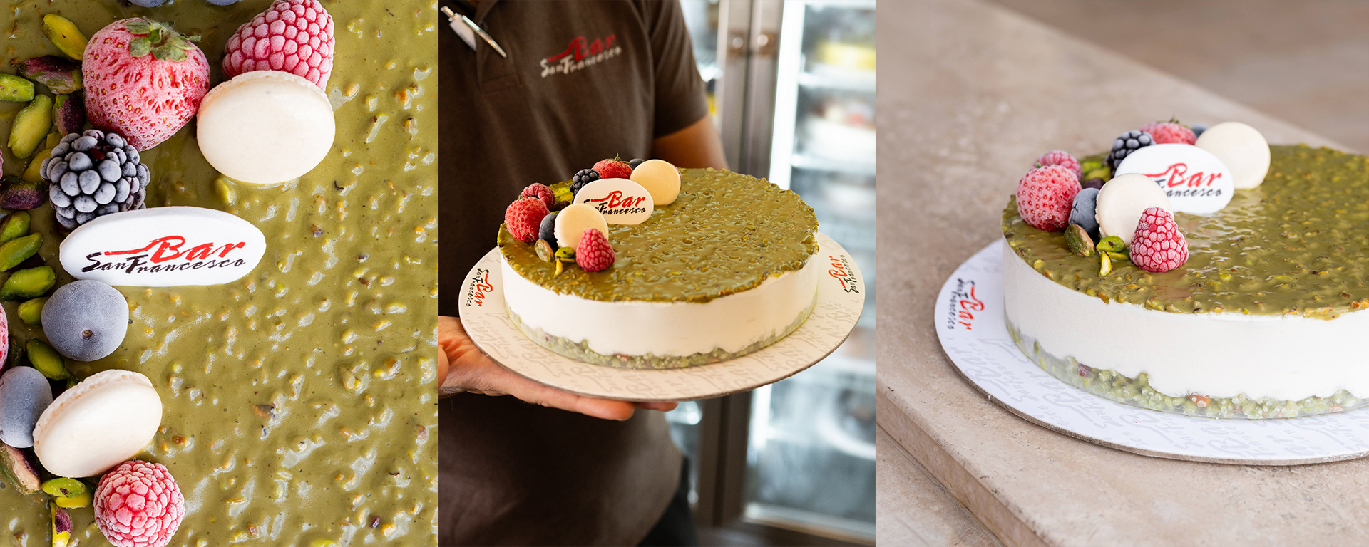 Torta al pistacchio con frutti di bosco e macaron decorata con il logo Bar San Francesco, Palermo